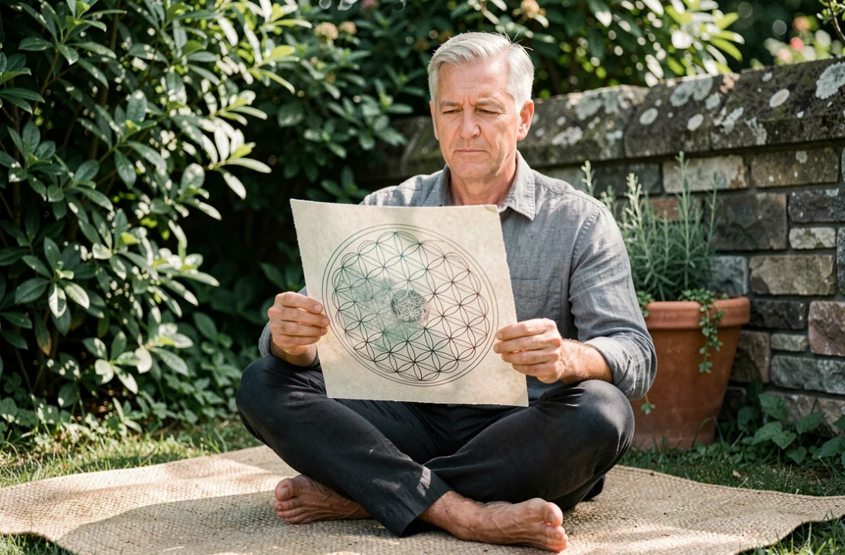 Homme tenant un mandala Fleur de Vie imprimé sur papier coton dans un jardin pour une cérémonie de consécration énergétique en plein air