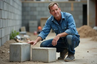 Ouvrier comparant deux blocs de béton sur un chantier