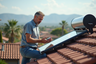 Homme inspectant un chauffe-eau solaire sur le toit