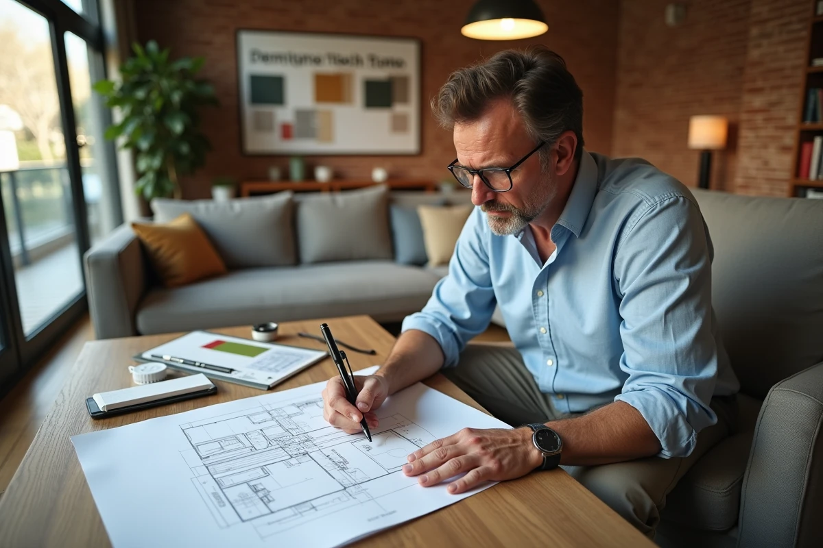 Homme esquissant un plan d interieur dans un salon