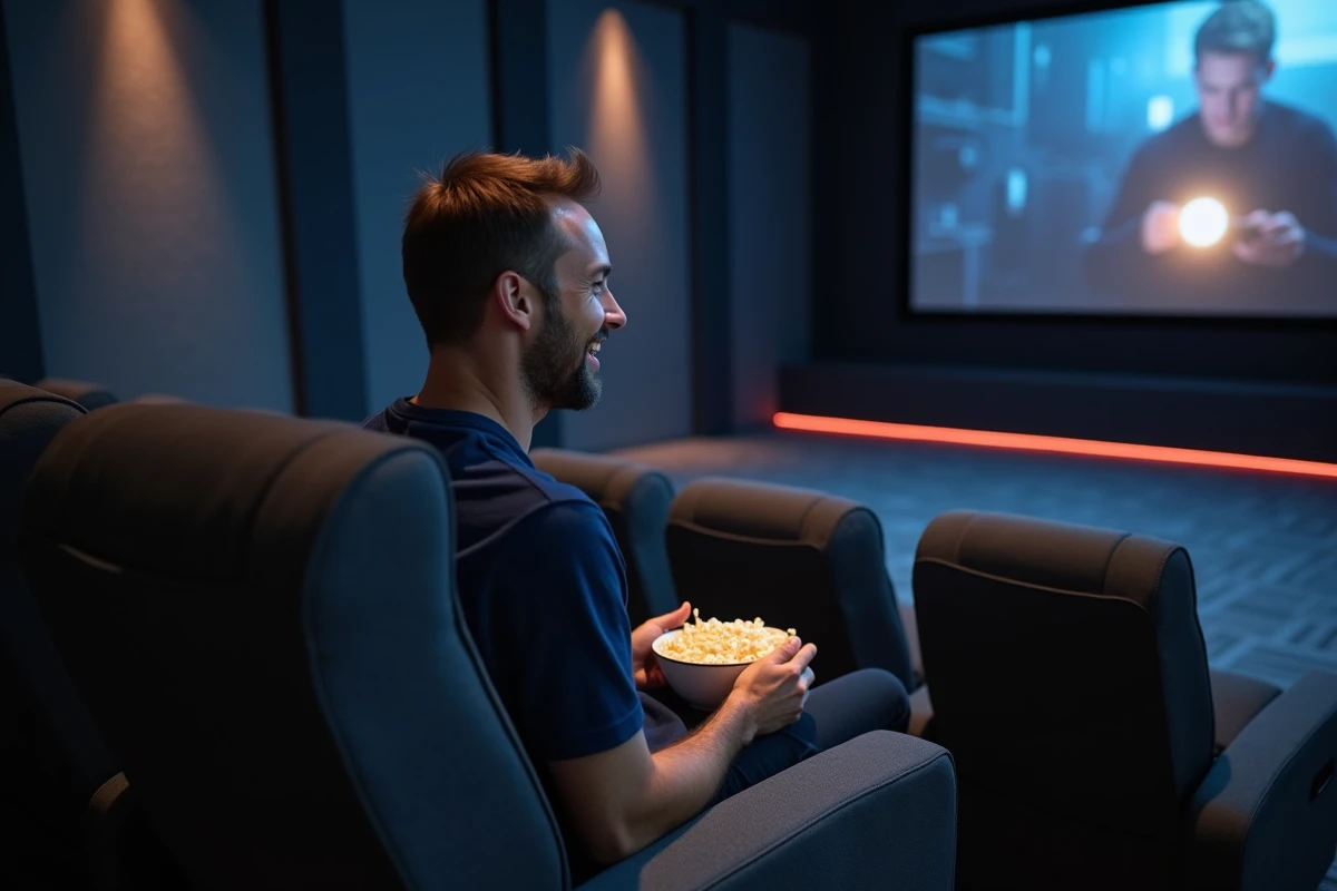 Homme assis dans un fauteuil home cinéma avec pop-corn dans une salle de projection privée décorée avec des panneaux acoustiques