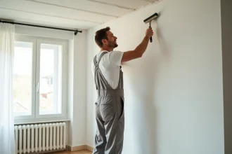 Homme en overalls appliquant du fibreglmesh au plafond