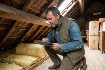 Homme examine l'isolation dans un grenier &agrave; Chalons en Champagne