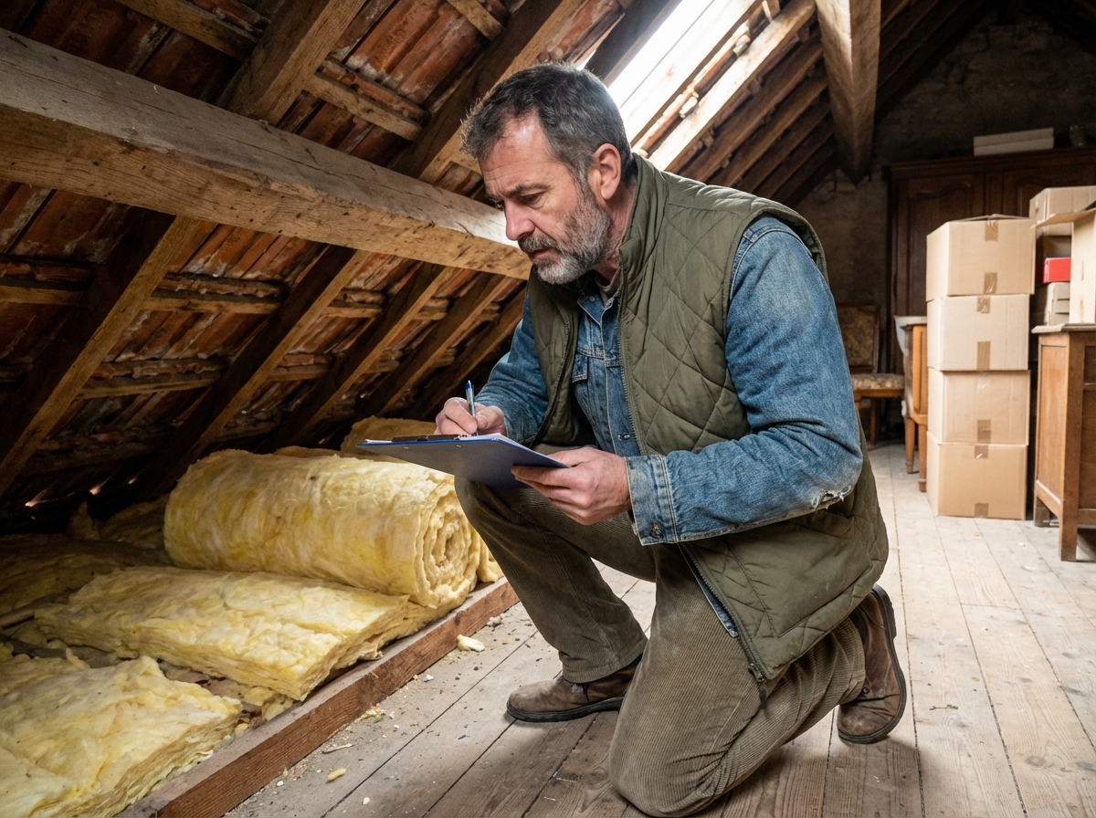 Homme examine l'isolation dans un grenier à Chalons en Champagne
