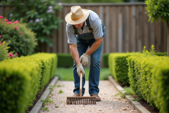 Homme d'âge moyen ratisse un chemin de gravier dans un jardin