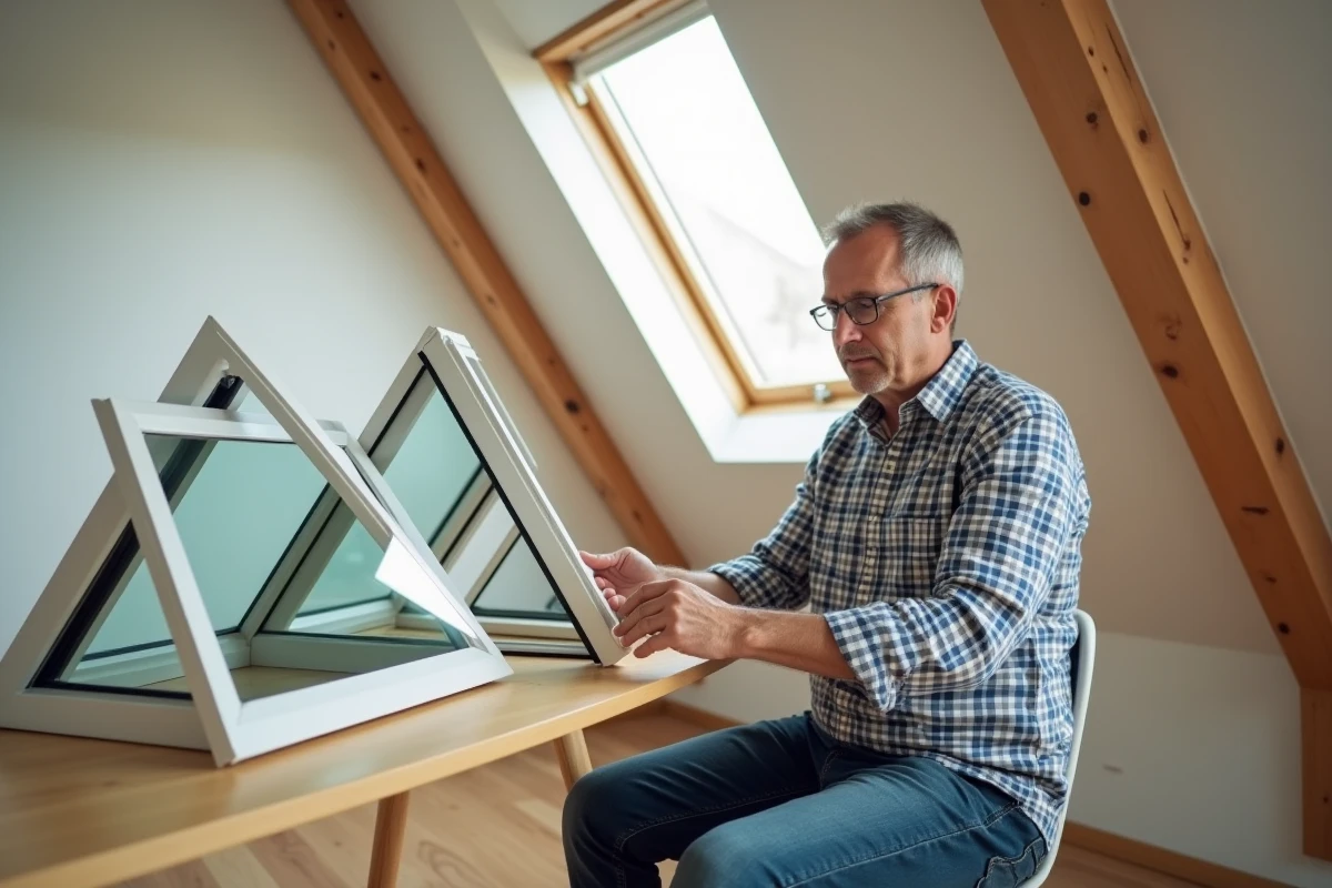Homme mesurant une fenetre de toit moderne dans un grenier lumineux