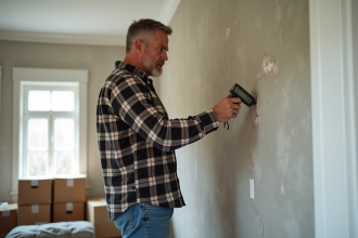 Homme utilisant un humidimètre sur un mur intérieur humide