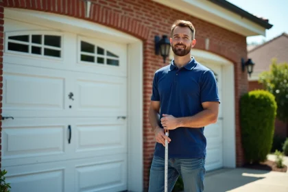 Homme mesurant la largeur de la porte de garage extérieure