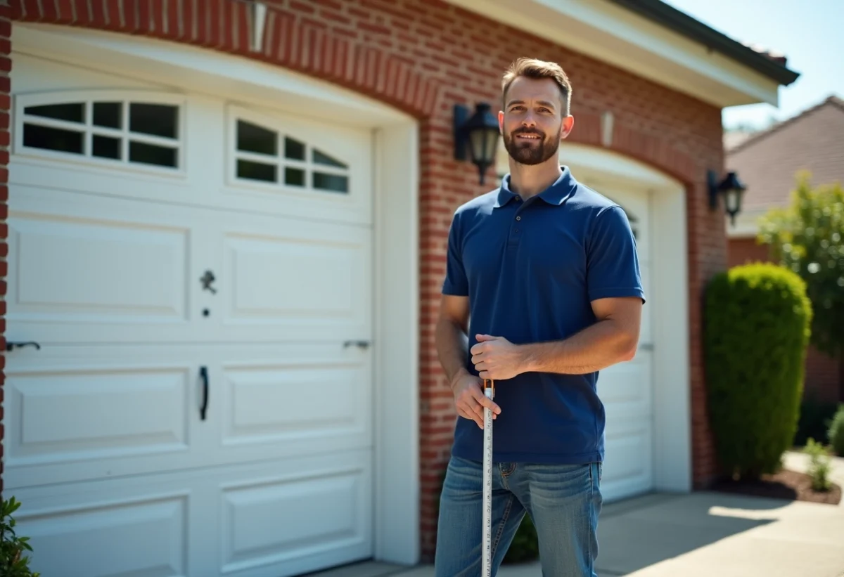 Homme mesurant la largeur de la porte de garage extérieure