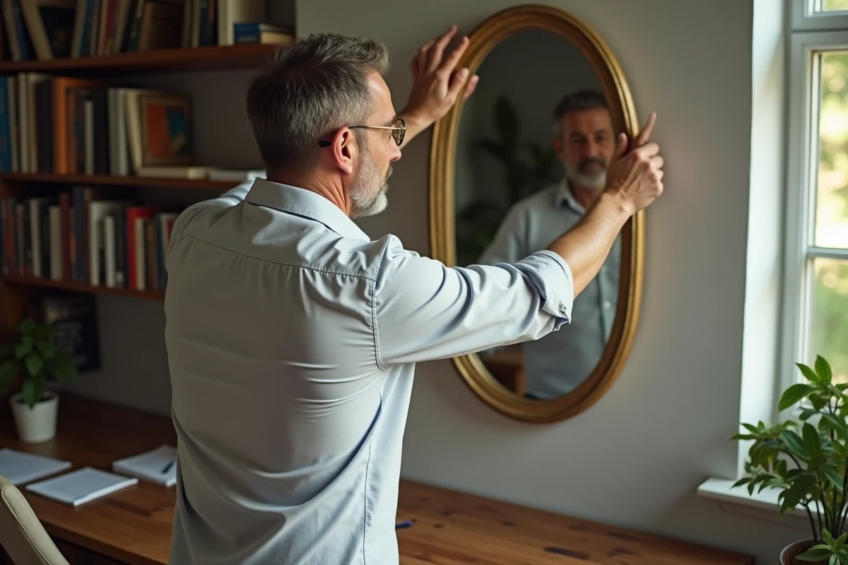 Homme posant un miroir dans un bureau lumineux
