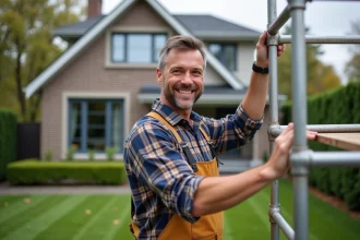 Homme en overalls assemble un echafaudage dans un jardin résidentiel