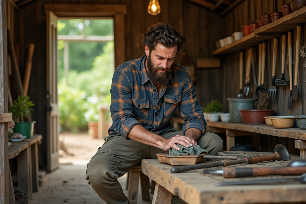 Homme nettoyant des outils de jardin dans un atelier