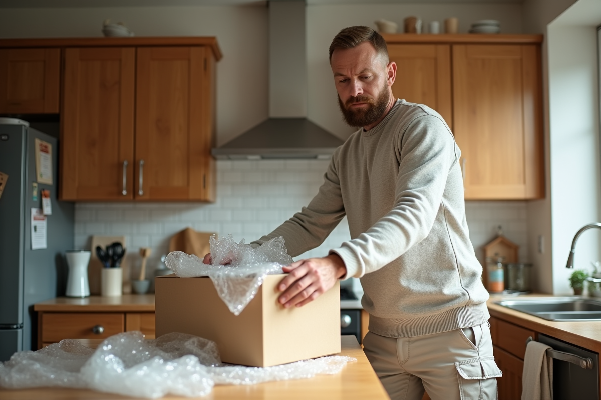 Homme emballant des verres en cuisine avec bulle de protection