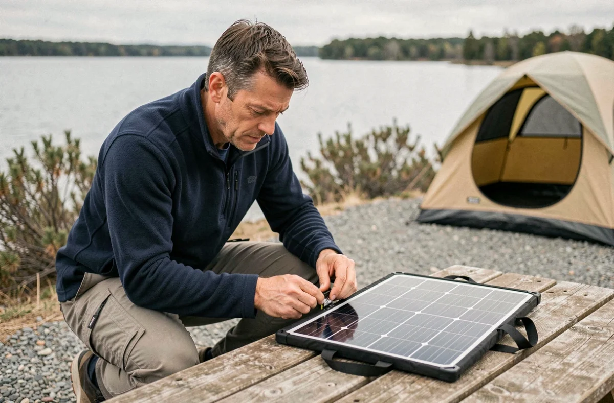 Homme inspectant un panneau solaire pliable 400W posé sur une table de pique-nique en bord de lac