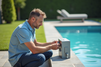 Homme d'âge moyen ajustant une pompe à chaleur extérieure près de la piscine