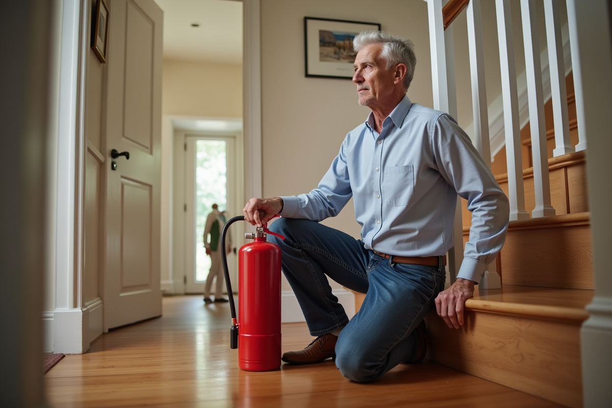 Homme senior posant un extincteur près de l