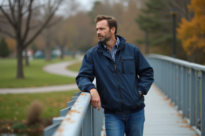 Homme d'âge moyen sur un pont en acier dans un parc automnal