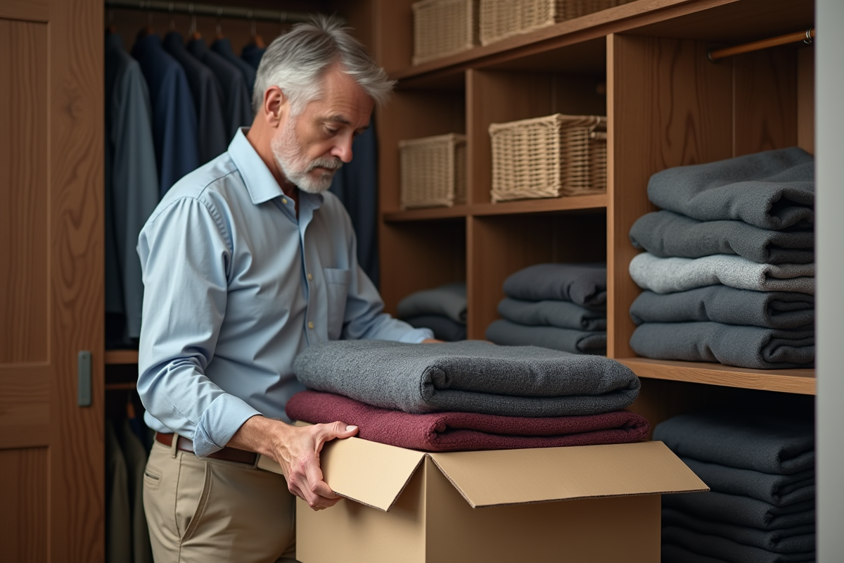 Homme pliant des pulls dans un dressing organisé