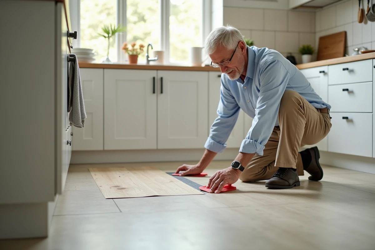 Homme utilisant un grattoir sur un sol PVC en cuisine