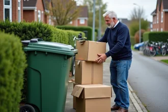 Homme d age moyen recyclant des cartons dans un quartier