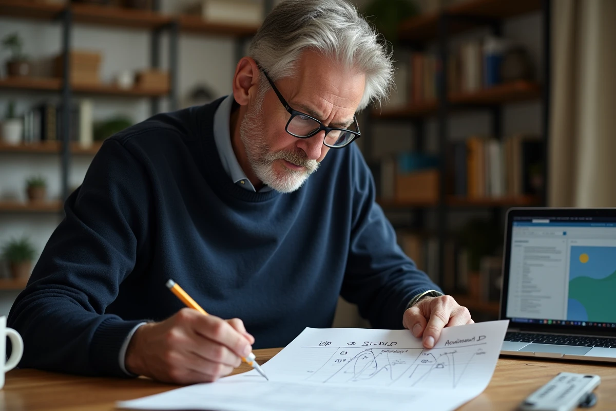 Homme annotant un tableau de conversion de pente en degrés et pourcentages dans un bureau à domicile pour un projet de rénovation