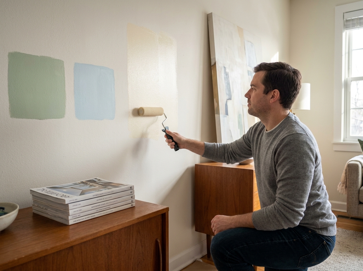 Homme appliquant des échantillons de peinture sur le mur du salon pour tester différentes couleurs avant de peindre