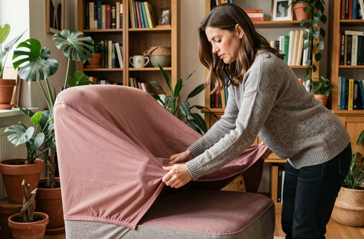 Femme installant une housse extensible rose sur un petit fauteuil dans un intérieur chaleureux et décoré