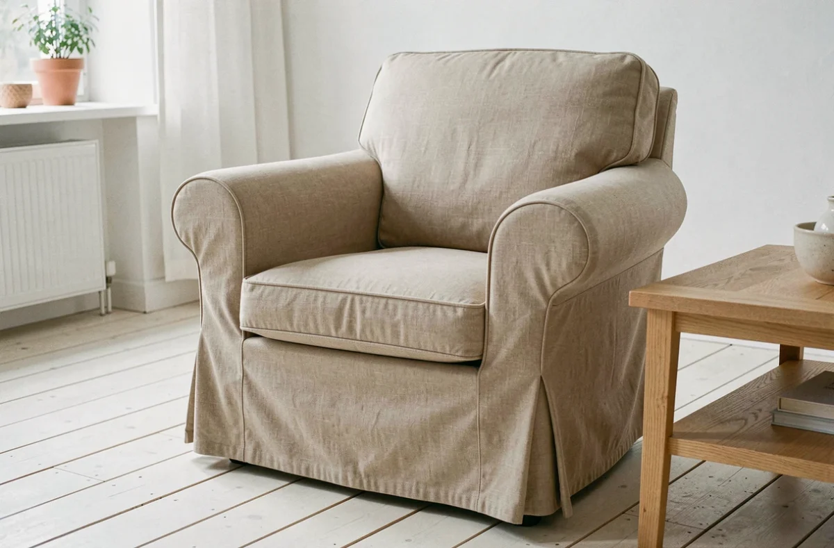 Housse sur mesure en lin beige ajustée sur un petit fauteuil dans un salon scandinave aux tons naturels