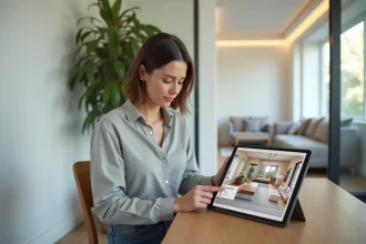 Femme consultant un plan 3D d'aménagement intérieur généré par IA sur une tablette dans un bureau à domicile moderne