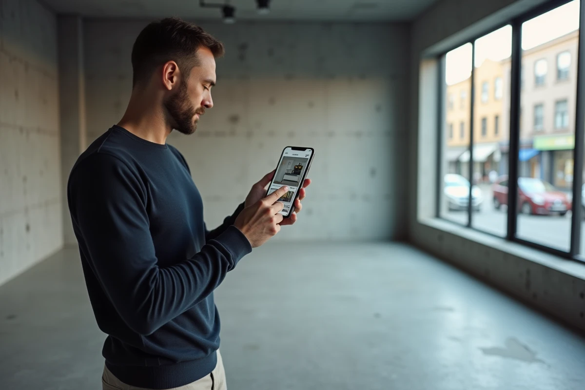 Homme utilisant une application d'IA pour visualiser l'aménagement en 3D d'un salon vide avec mobilier et couleurs suggérés