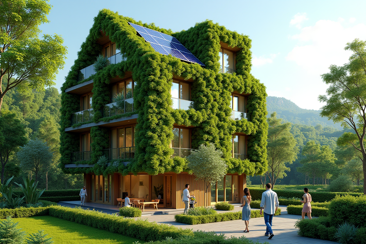 Immeuble écologique avec plantes et panneaux solaires
