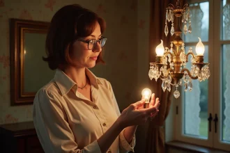 Femme inspectant une ampoule dans un lustre ancien