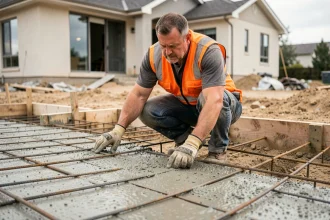 Ouvrier inspectant une dalle en béton armé avec treillis métallique sur un chantier de maison individuelle