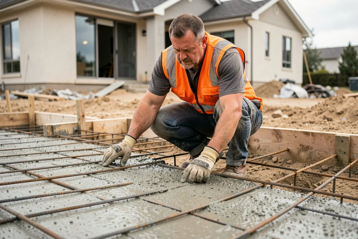 Ouvrier inspectant une dalle en béton armé avec treillis métallique sur un chantier de maison individuelle