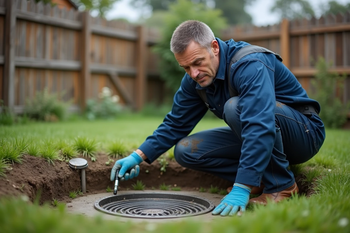 Plombier professionnel inspectant un drain de fosse septique saturé dans un jardin résidentiel