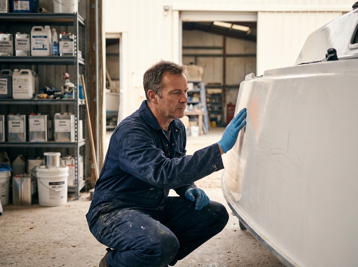 Technicien marine inspectant la surface en gel coat d'une coque de voilier dans un atelier de réparation nautique