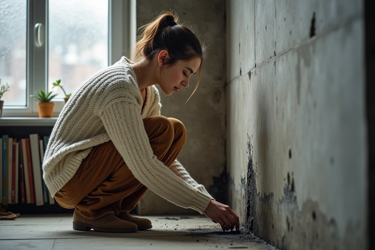 Jeune femme examinant des taches de moisissure sur un mur