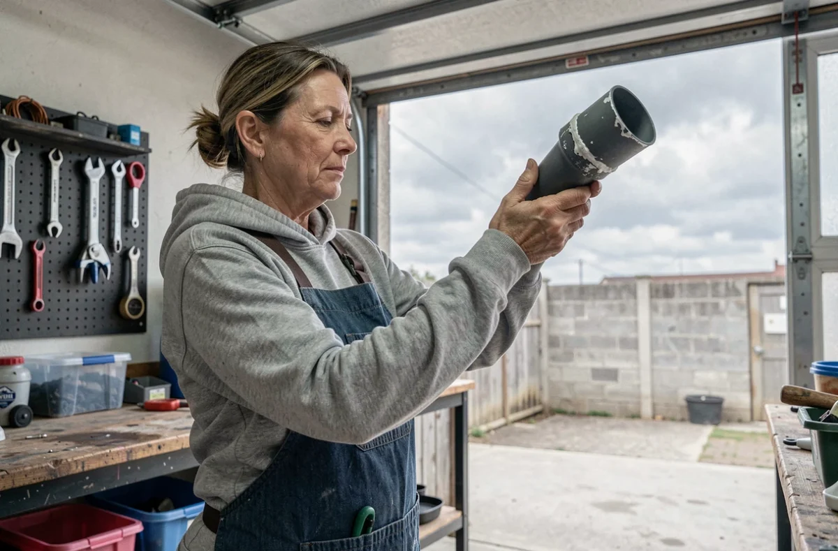 Femme inspectant une descente de gouttière en plastique réparée avec une colle résistante au gel et aux UV dans un garage