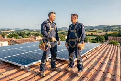 Deux installateurs de panneaux solaires sur un toit en tuiles dans la Haute-Garonne avec vue sur les collines verdoyantes