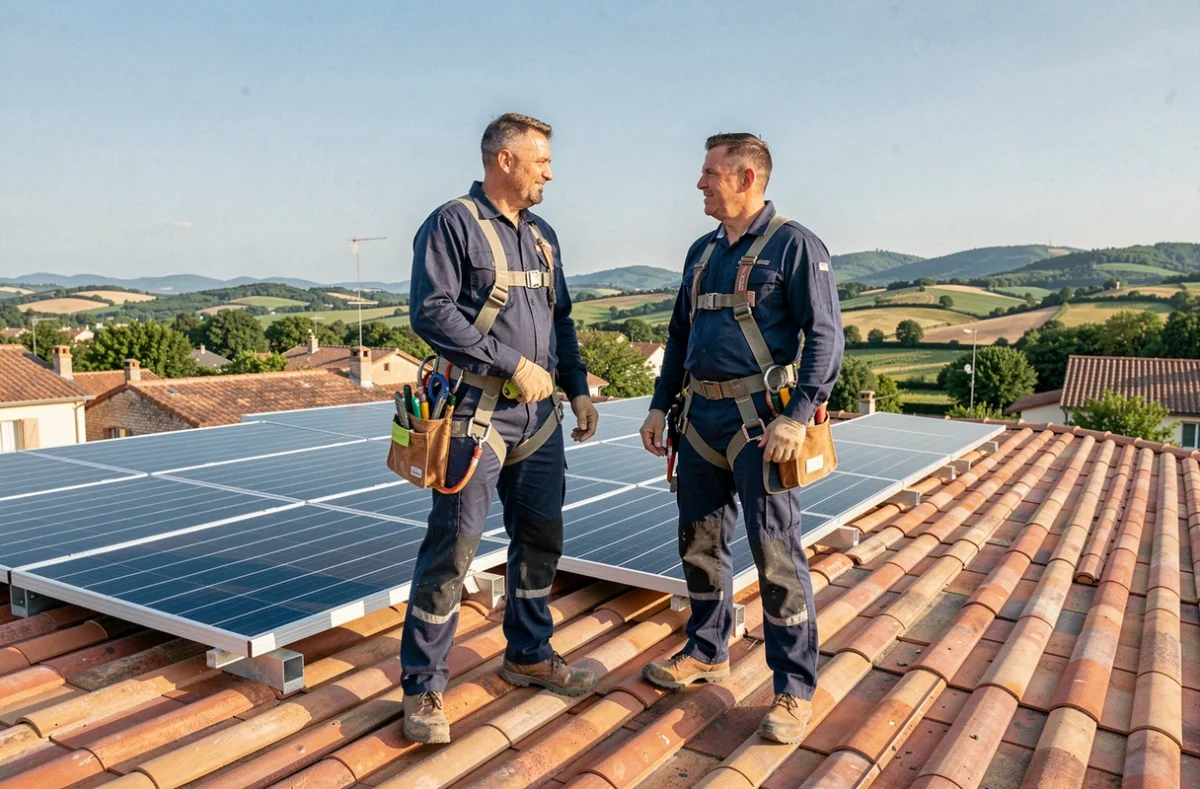 Deux installateurs de panneaux solaires sur un toit en tuiles dans la Haute-Garonne avec vue sur les collines verdoyantes
