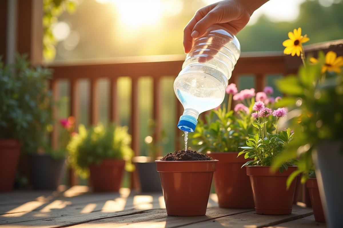 Mains installant une bouteille pour irrigation sur balcon ensoleille