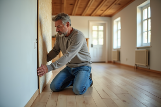 Homme moyenâge en jeans installe isolation dans salon moderne