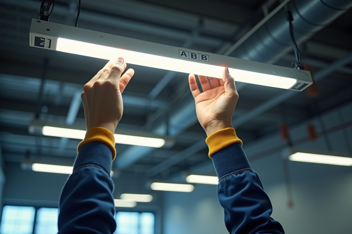Électricien installant des tubes LED dans un plafond industriel