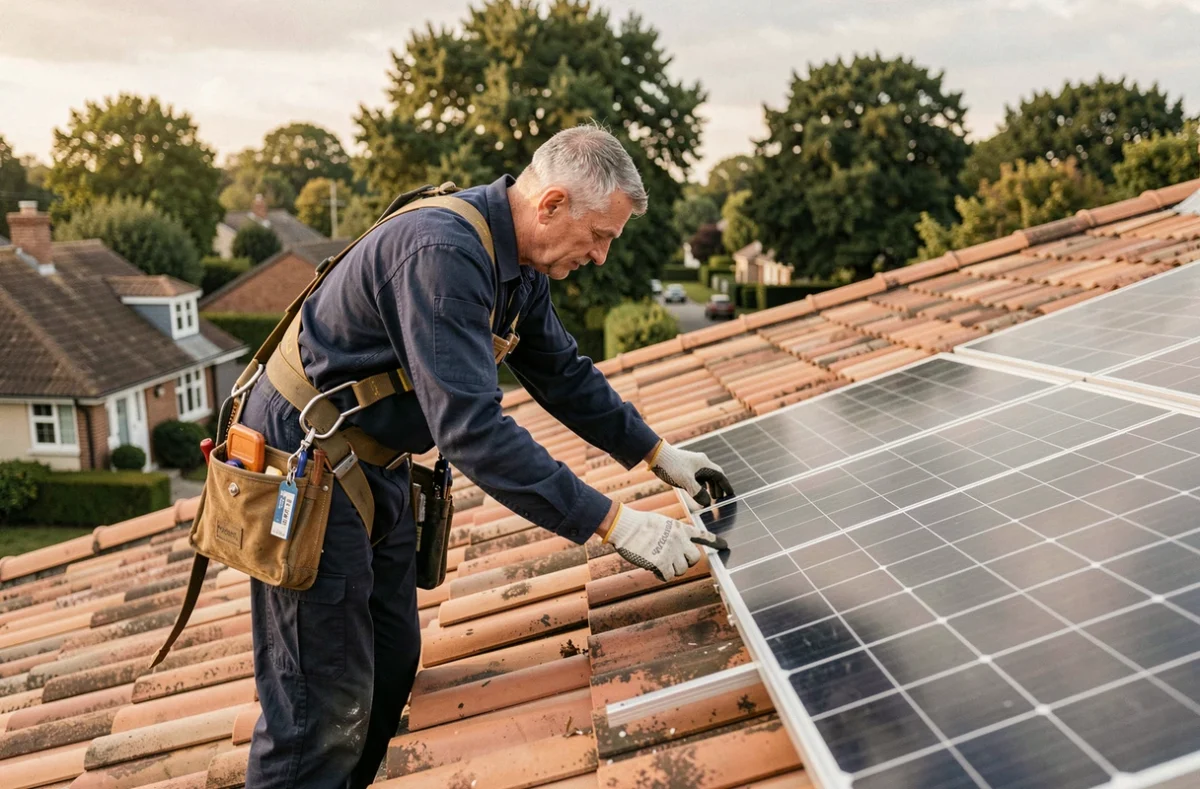 Installateur professionnel posant des panneaux solaires sur un toit en tuiles d'une maison individuelle