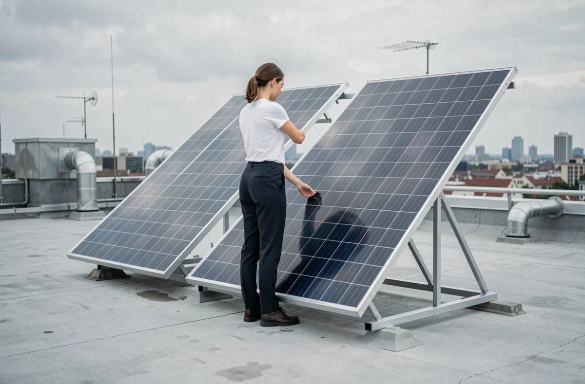 Femme installant des panneaux solaires plug and play 3000W sur une terrasse de toit en milieu urbain