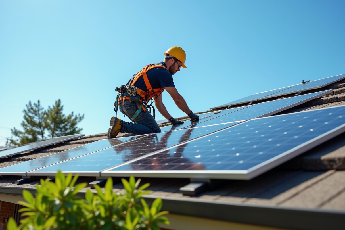 Artisan installant des panneaux solaires sur un toit ensoleille