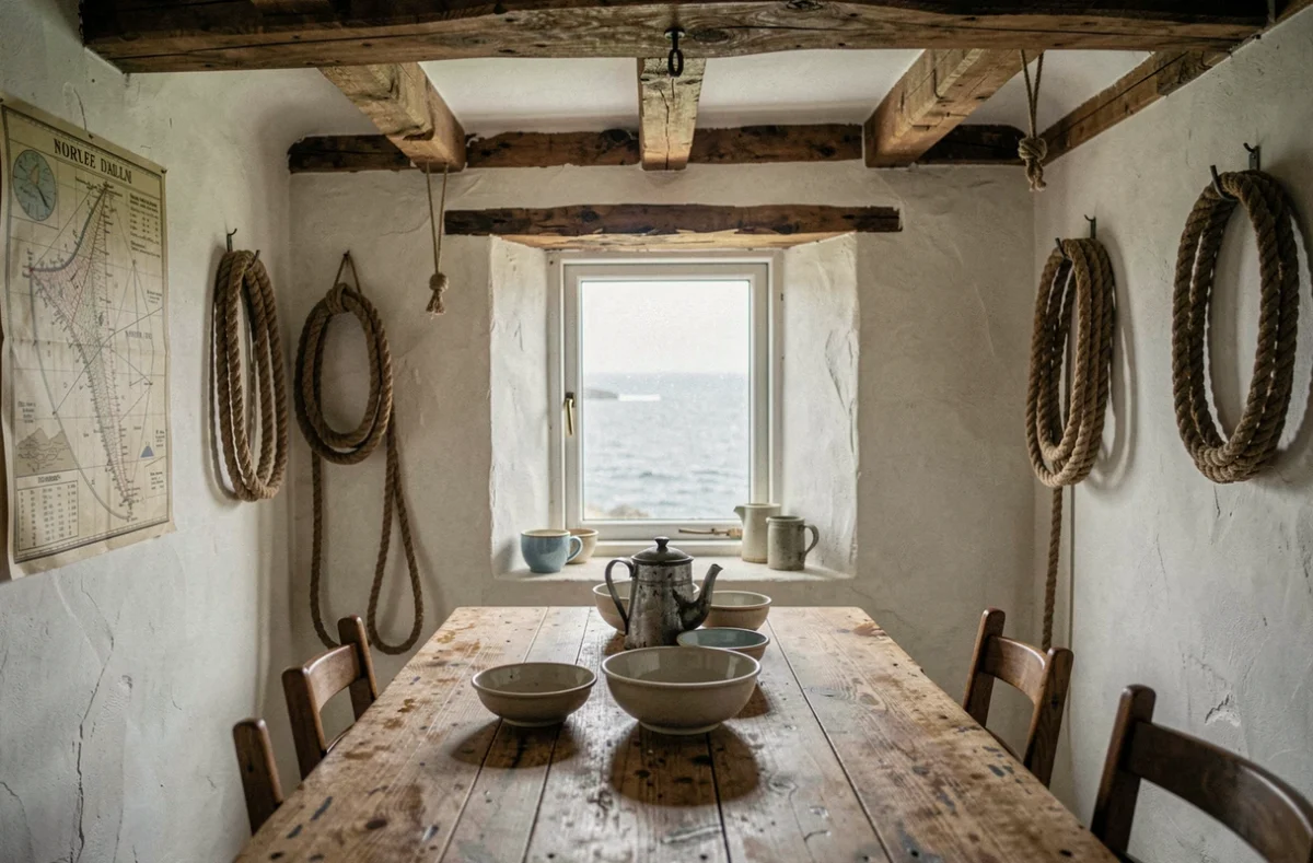 Intérieur rustique d'une maison de pêcheur normande avec poutres apparentes et objets maritimes anciens