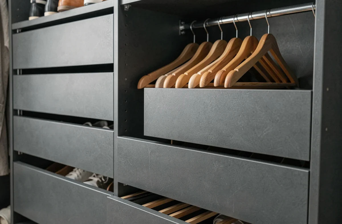 Intérieur de penderie modulaire avec tiroirs anthracite, penderie chromée et range-chaussures escamotable