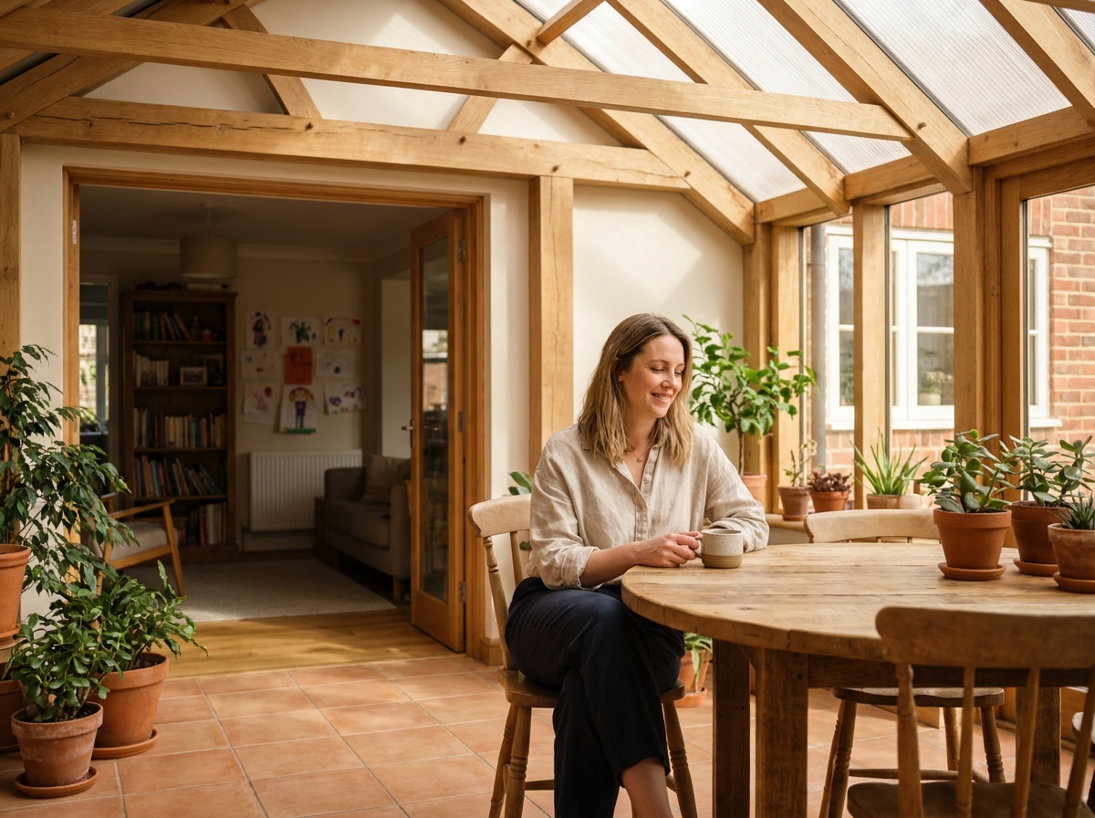 Intérieur d'une verrière en bois aménagée en espace de vie, femme attablée entourée de plantes et de poutres en chêne apparentes