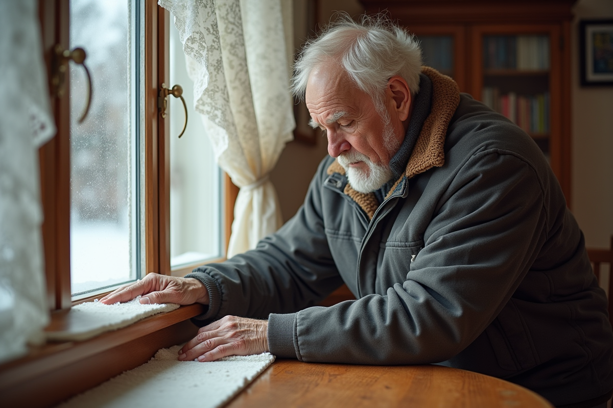 Homme âgé posant des bandes isolantes sous une fenêtre en intérieur